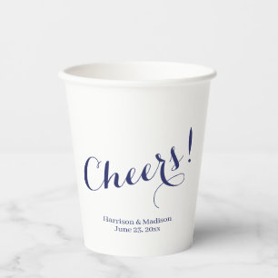 Elegant navy blue Cheers custom script Wedding Paper Cups