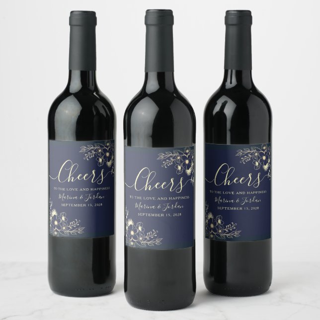 Elegant Navy Blue Cheers Wedding Wine Label (Bottles)