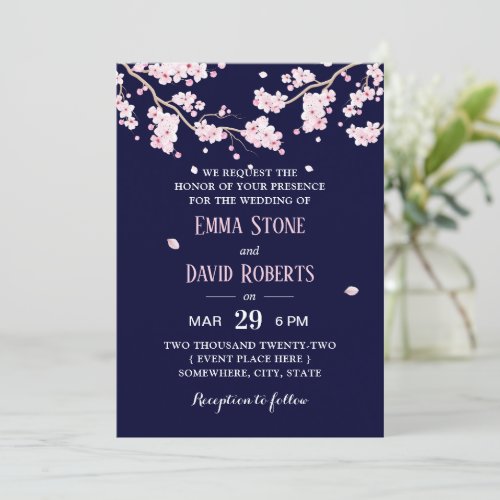 Elegant Navy Blue Cherry Blossom Wedding Invitation