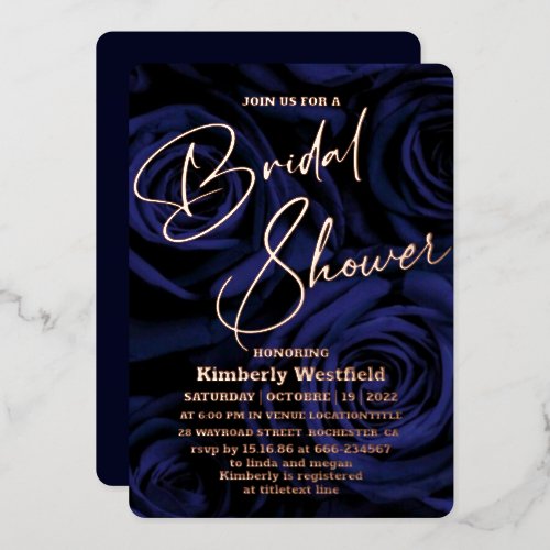 elegant navy blue chic Bridal Shower Rose Gold  Foil Invitation