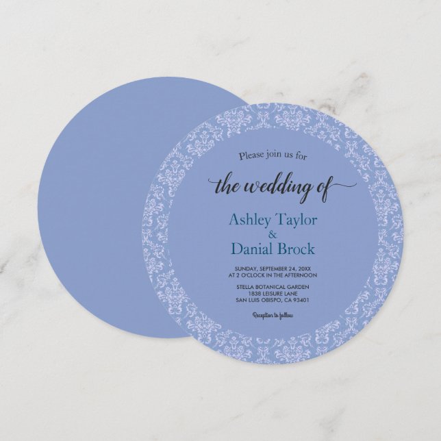Elegant Navy Blue Chic Decorative Damask Wedding Invitation (Front/Back)