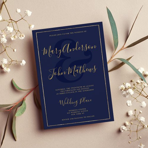 Elegant navy blue chic gold foil border wedding invitation