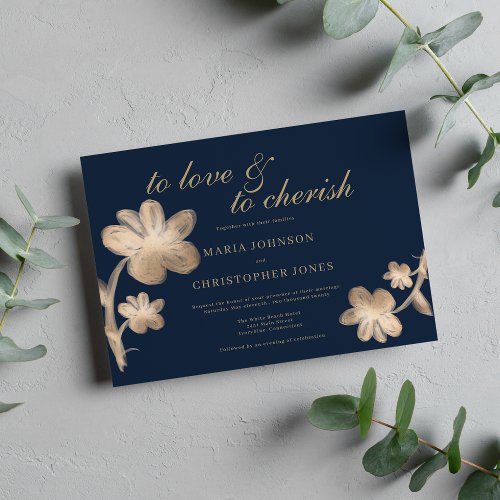Elegant navy blue chic gold script floral wedding invitation
