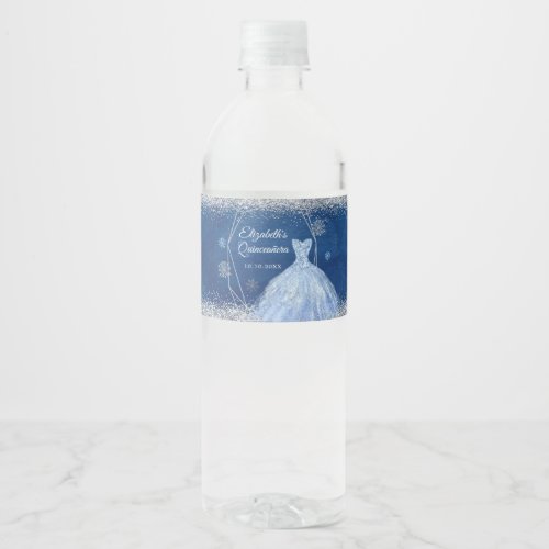 Elegant Navy Blue Christmas Snowflake Mis Xv Aos Water Bottle Label