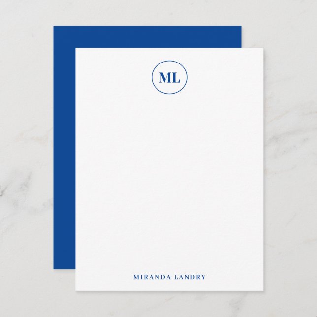 Elegant Navy Blue Circle Monogram Initials Name Note Card (Front/Back)