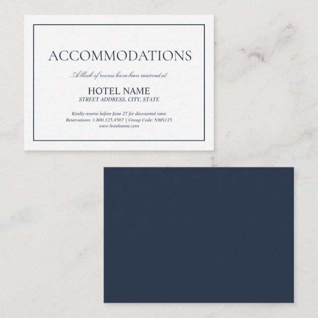 Elegant Navy Blue Classic Script Accommodations Enclosure Card (Front/Back)