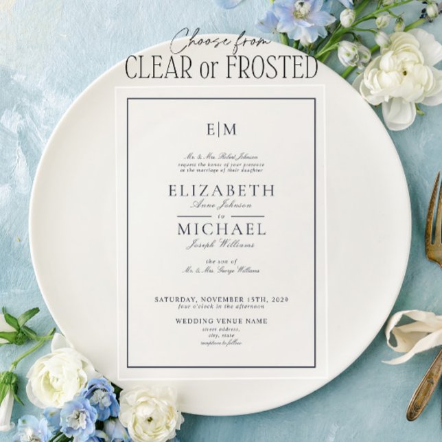 Elegant Navy Blue Classic Script Monogram Wedding  Acrylic Invitations (Creator Uploaded)