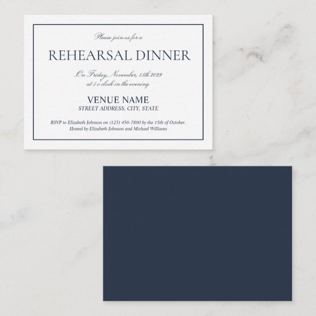 Elegant Navy Blue Classic Script Rehearsal Enclosure Card (Front/Back)