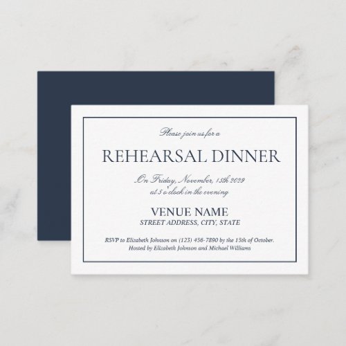 Elegant Navy Blue Classic Script Rehearsal Enclosure Card