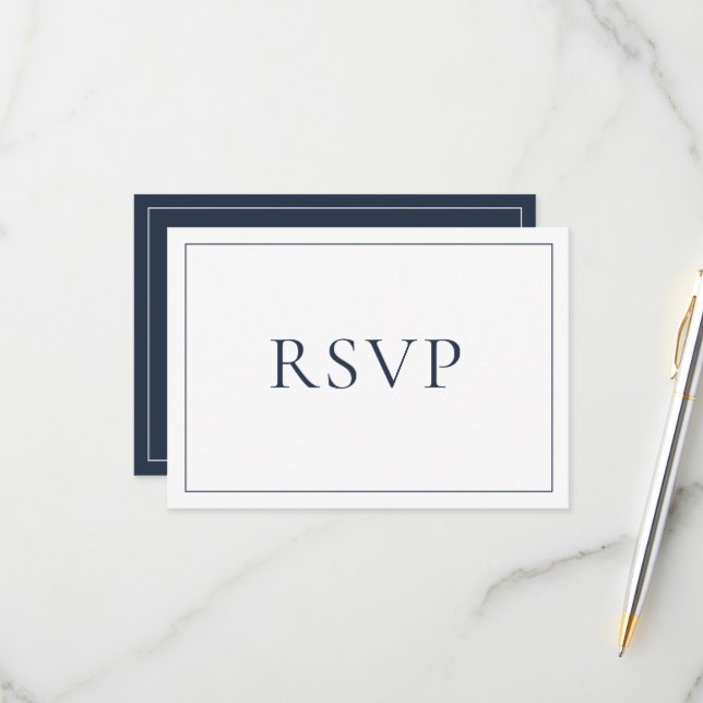 Elegant Navy Blue Classic Script RSVP Card (Front/Back In Situ)