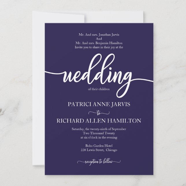 Elegant Navy Blue Classic Wedding Invitation (Front)
