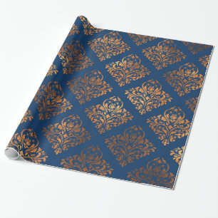 Elegant Navy Blue Copper Gold Damask Pattern Wrapping Paper