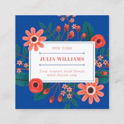 Elegant navy blue coral floral boho flower bouquet square business card