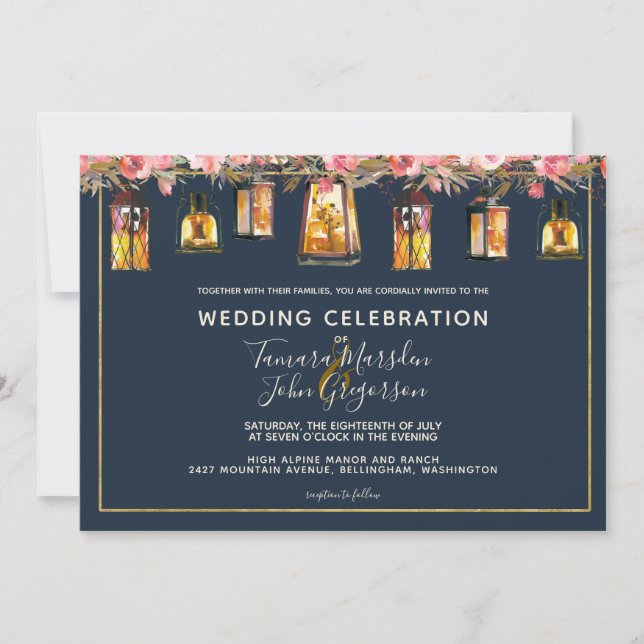 Elegant Navy Blue Coral Floral Photo Wedding Invitation (Front)