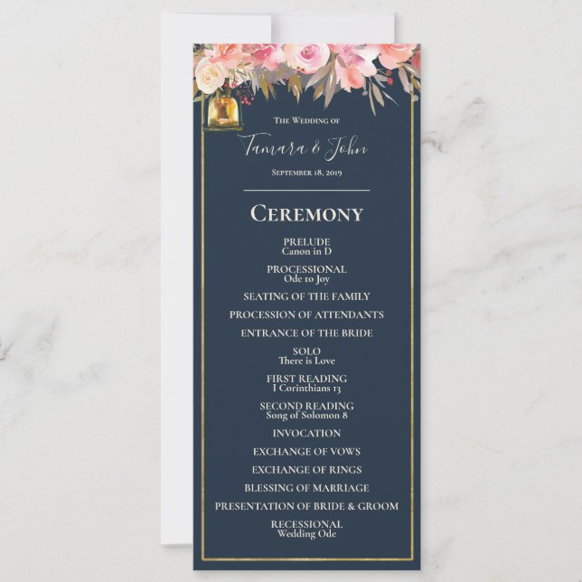Elegant Navy Blue Coral Lights Wedding Program (Front)