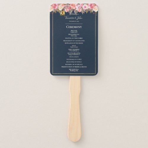 Elegant Navy Blue Coral Lights Wedding Program Hand Fan