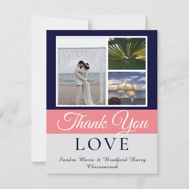 Elegant Navy Blue Coral pink Wedding Photo collage Thank You Card (Front)