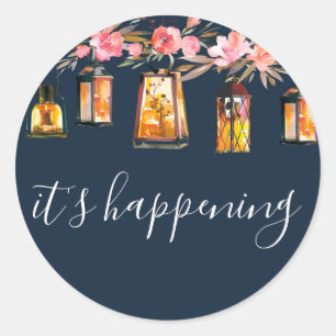 Elegant Navy Blue Coral Rose Gold Floral Wedding Classic Round Sticker