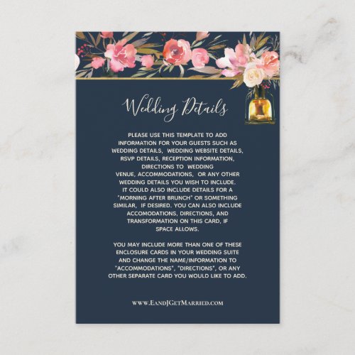 Elegant Navy Blue Coral Wedding Details Enclosure Card
