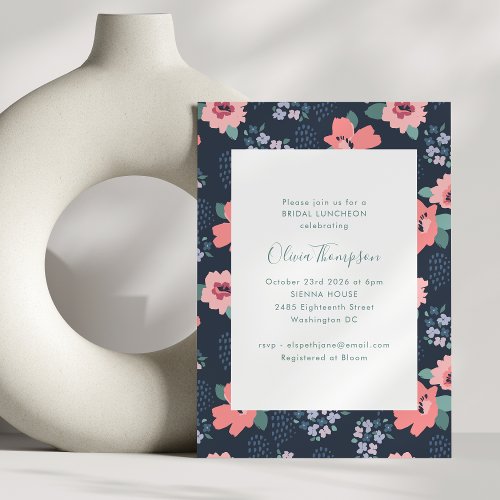 Elegant Navy Blue Country Floral Bridal Luncheon Invitation