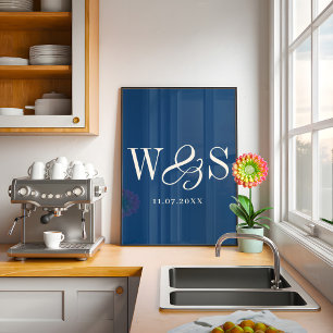 Elegant navy blue couple initials wedding poster