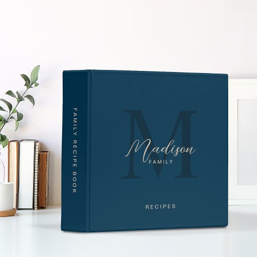 Elegant Navy Blue Cream Monogram Recipe Cookbook 3 Ring Binder