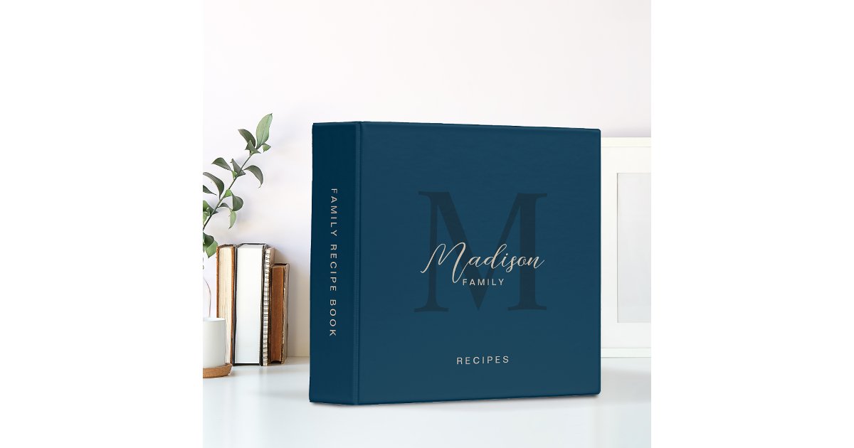 Elegant Navy Blue Cream Monogram Recipe Cookbook 3 Ring Binder | Zazzle