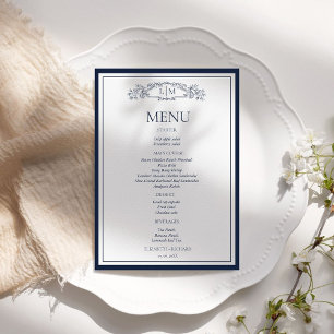 Elegant Navy Blue Crest Botanical Monogram Wedding Menu