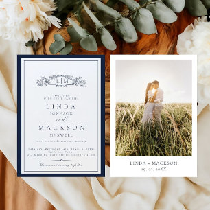 Elegant Navy blue Crest Monogram Wedding Invitation
