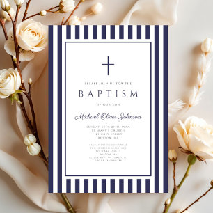 Elegant Navy Blue Cross Boy Baptism Invitation