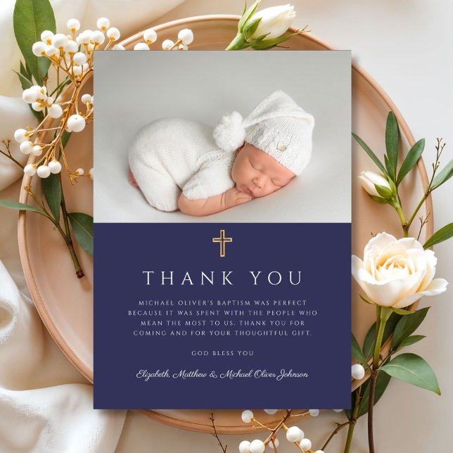 Elegant Navy Blue Cross Boy Baptism Photo Thank You Card (Elegant Navy Blue Cross Boy Baptism Photo Thank You Card)