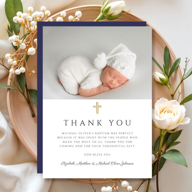 Elegant Navy Blue Cross Boy Baptism Photo Thank You Card (Elegant Navy Blue Cross Boy Baptism Photo Thank You Card)