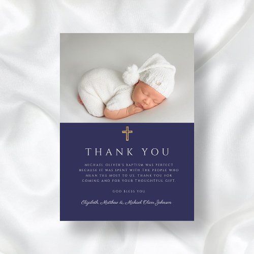 Elegant Navy Blue Cross Boy Baptism Photo Thank You Card