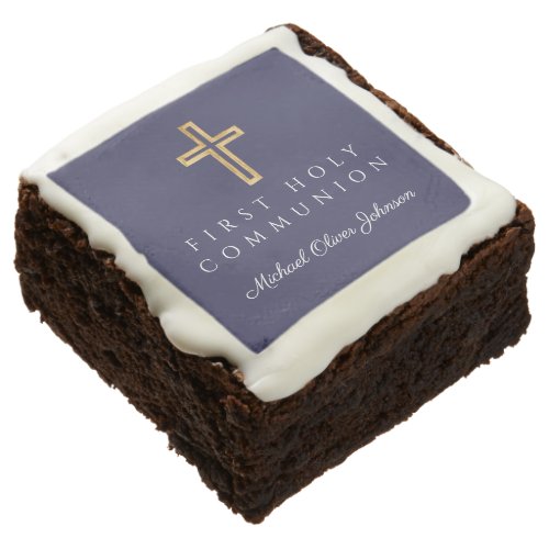 Elegant Navy Blue Cross Boy First Communion Brownie