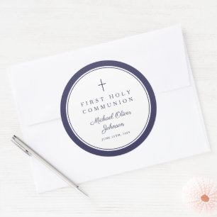 Elegant Navy Blue Cross Boy First Communion Classic Round Sticker