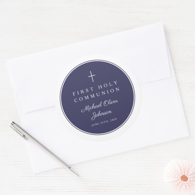 Elegant Navy Blue Cross Boy First Communion  Classic Round Sticker (Envelope)
