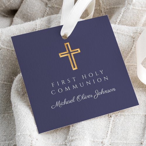 Elegant Navy Blue Cross Boy First Communion Favor Tags