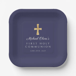 Elegant Navy Blue Cross Boy First Communion Paper Plates