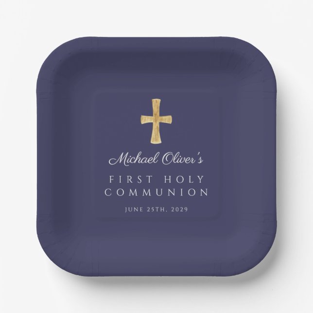 Elegant Navy Blue Cross Boy First Communion Paper Plates (Front)