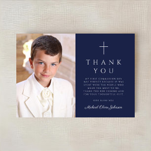 Elegant Navy Blue Cross Boy First Communion Photo Thank You Card