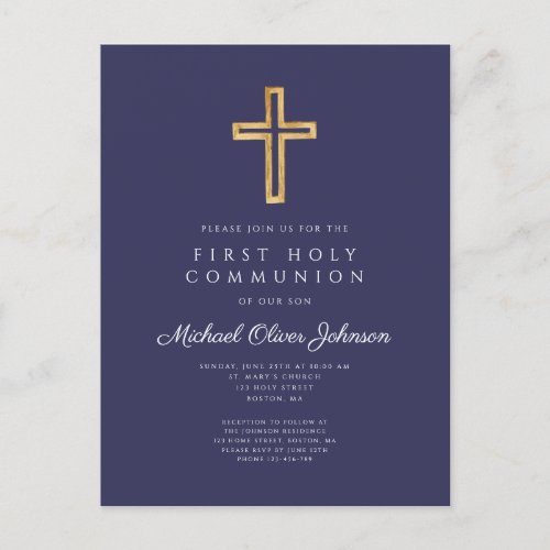 Elegant Navy Blue Cross Boy First Communion Postcard