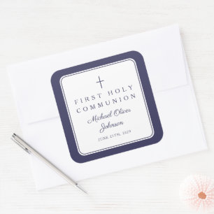 Elegant Navy Blue Cross Boy First Communion Square Sticker