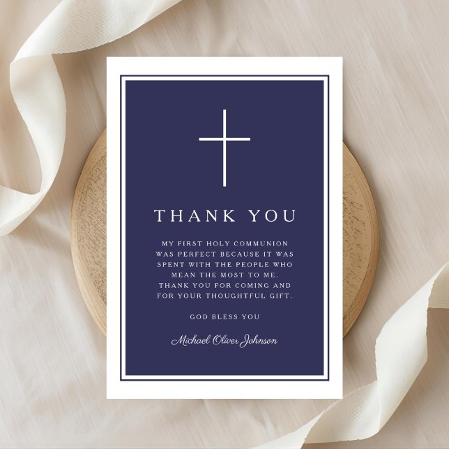 Elegant Navy Blue Cross Boy First Communion Thank You Card (Elegant Navy Blue Cross Boy First Communion Thank You Card)