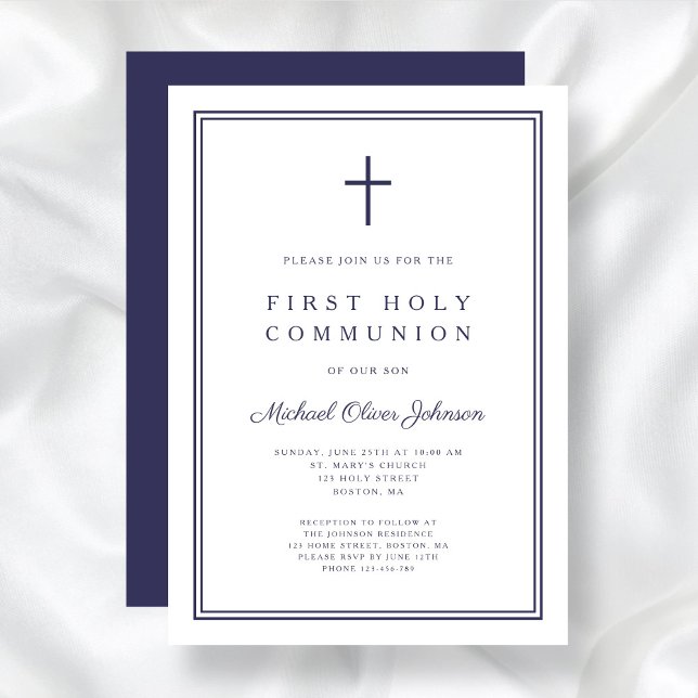 Elegant Navy Blue Cross Boy First Holy Communion Invitation (Elegant Navy Blue Cross Boy First Holy Communion Invitation)