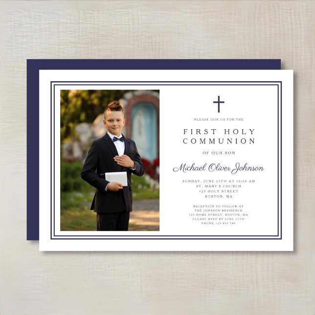 Elegant Navy Blue Cross Boy Photo First Communion Invitation (Elegant Navy Blue Cross Boy Photo First Communion Invitation)
