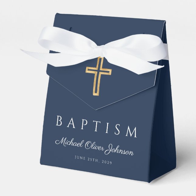 Elegant Navy Blue Cross Photo Boy Baptism  Favor Boxes (Front Side)