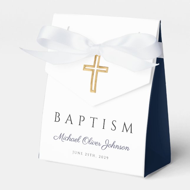 Elegant Navy Blue Cross Photo Boy Baptism Favor Boxes (Front Side)