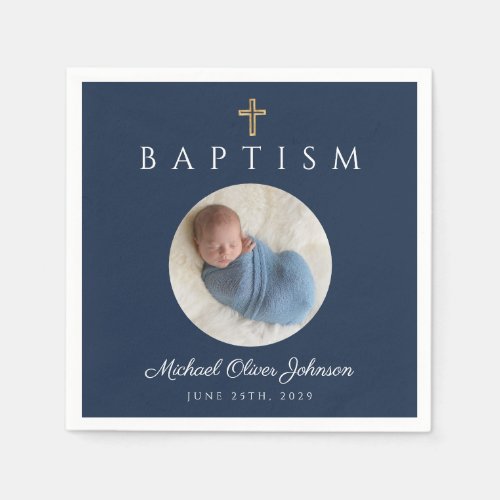 Elegant Navy Blue Cross Photo Boy Baptism Napkins