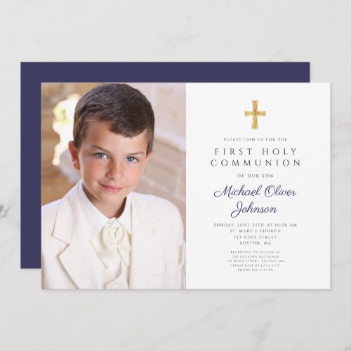 Elegant Navy Blue Cross Photo Boy First Communion Invitation
