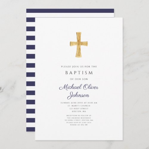 Elegant Navy Blue Cross Religious Boy Baptism Invitation